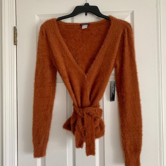 Camel Fuzzy Wrap Sweater. Tie Front, Long Sleeve. Sexy, Low Plunge V-Neck. US S - Picture 2 of 7
